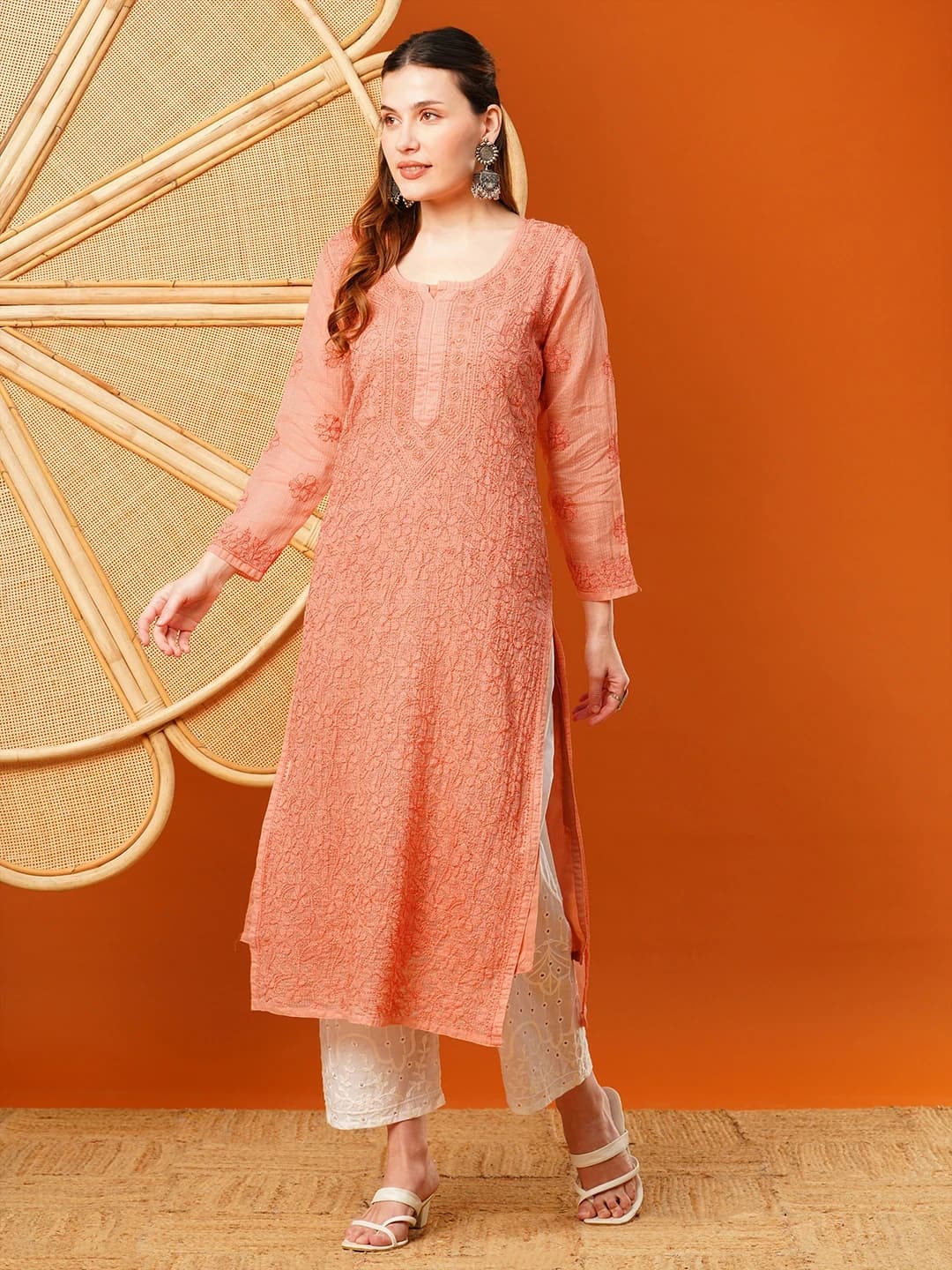 Ada Dark Peach Kota Chikankari Straight Kurta With Slip A411628