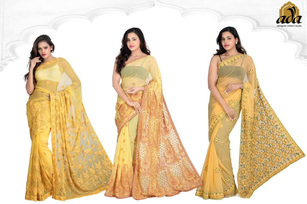 Mustard Georgette Chikan Sarees by Brand ADA in Lucknow city