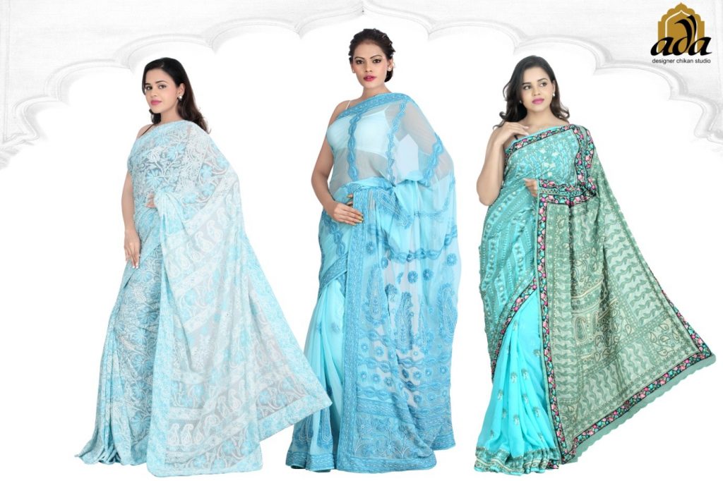 Blue Georgette Chikan Sarees by Brand ADA in Lucknow city