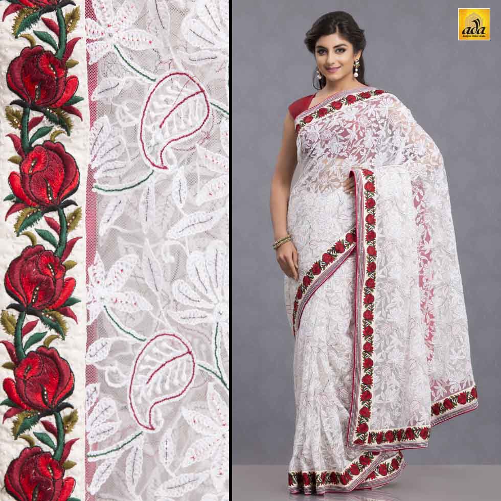 Aagman Ladies White Chikankari Saree, 5.5 m (separate blouse piece)