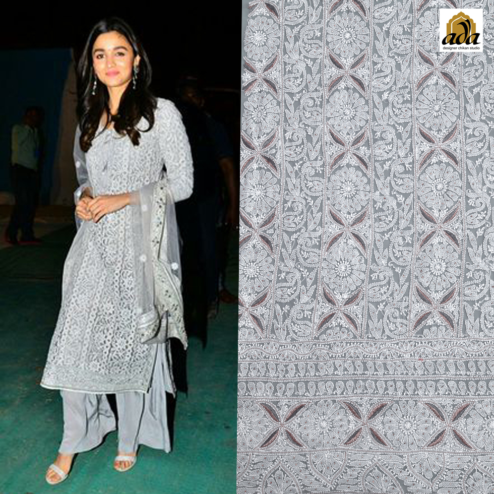 Alia Bhatt carry a designer Lucknowi Chikankari suit piece. 