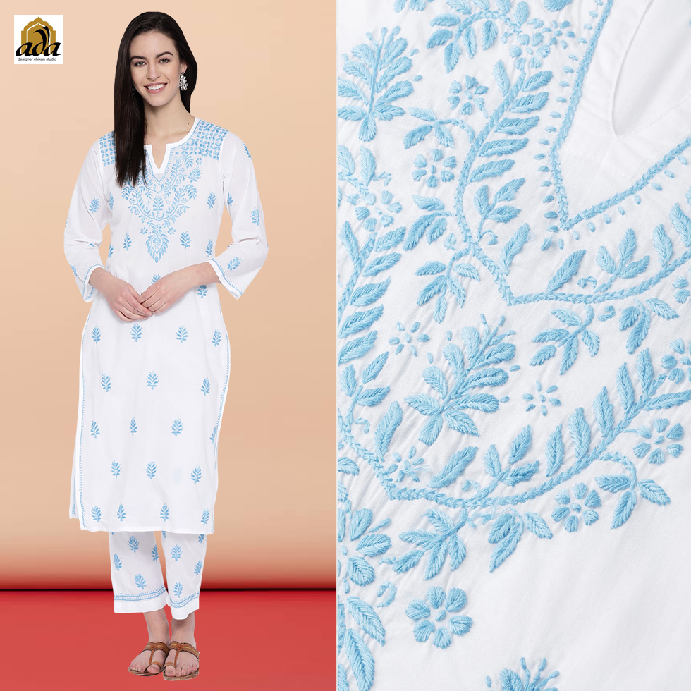Buy ADA White Embroidered Cotton Lucknow Chikan Kurta with Slip (Set of 2)  (XS) (A411117) online