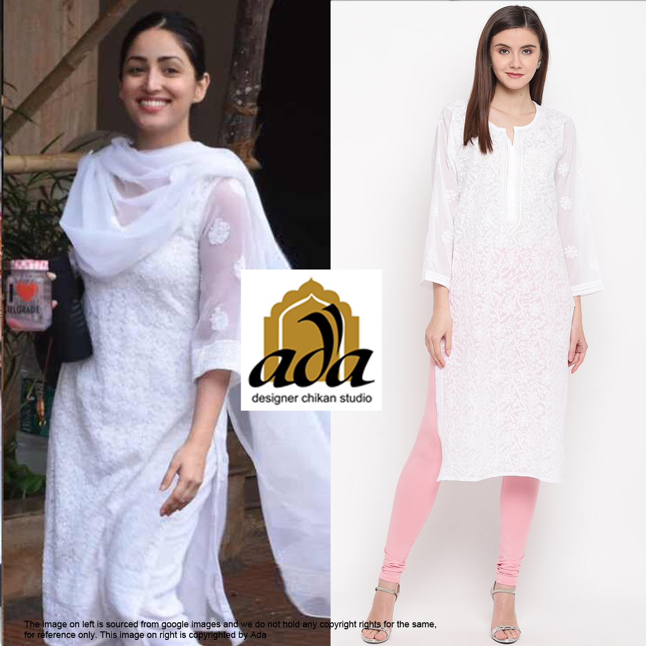 In this image we see Yami Gautam heading out during her shooting donning in a white chikankari suit and a cup of coffee next to her car, You can shop for a similar white suit from WWW.ADACHIKAN.COM