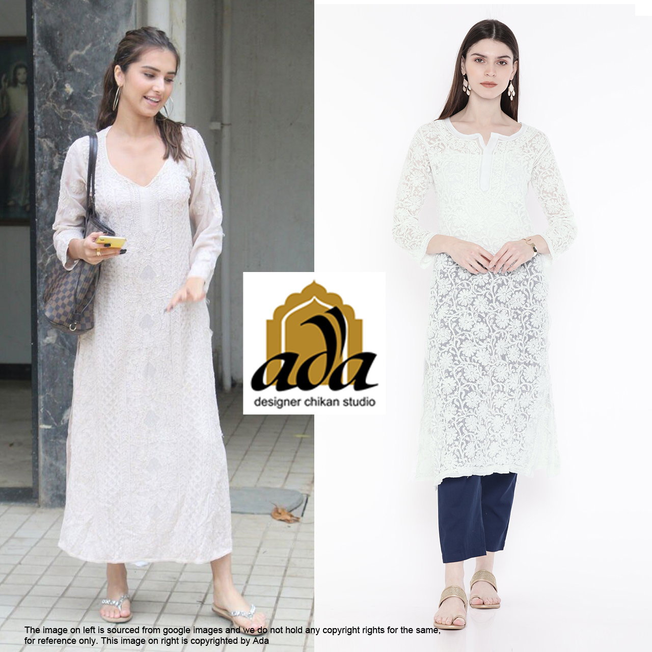 In this image we see Tara Sutaria heading out during a sunny day in an ivory white chikankari Kurta next to her car and you can shop for a similar white CHIKANKARI DRESS from WWW.ADACHIKAN.COM