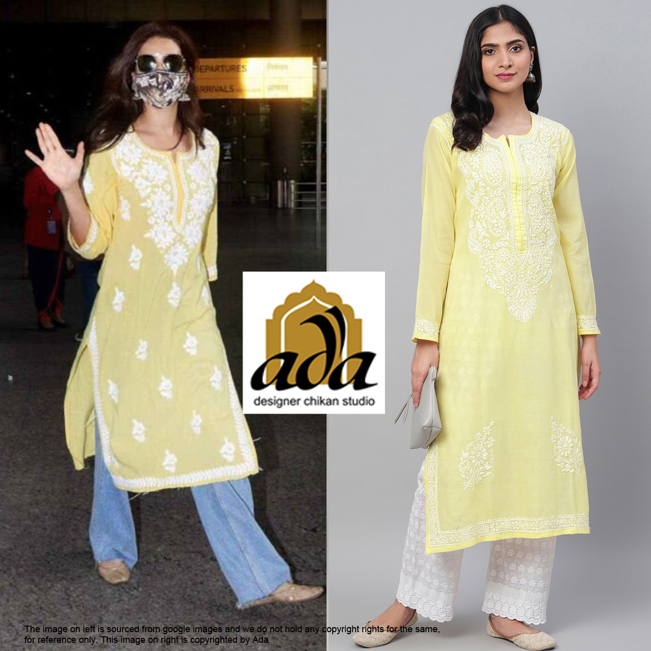 In this image we see Actress Karishma Tanna from the show Kyunki Saas Bhi Kabhi Bahu Thi stepping out in the middle of the pandemic in a pale yellow chikankari kurta with jeans which you can shop from WWW.ADACHIKAN.COM