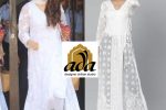 In this image we see Indian Bollywood Actress Sara Ali Khan who is the receipt of IIFA Award for Star Debut of the Year – Female in 2019 and has won many awards. She is dressed in an all white Lucknowi Chikankari Angarkha which you can shop from our website www.adachikan.com