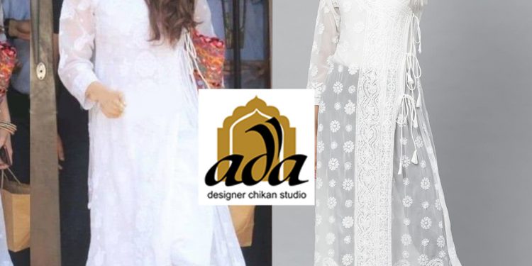 In this image we see Indian Bollywood Actress Sara Ali Khan who is the receipt of IIFA Award for Star Debut of the Year – Female in 2019 and has won many awards. She is dressed in an all white Lucknowi Chikankari Angarkha which you can shop from our website www.adachikan.com
