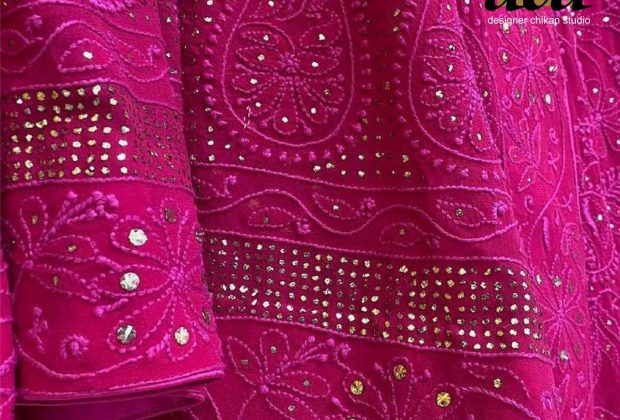 This image showcases Ada’s Monotone Pink Chikankari lehenga set with mukaish work in gold