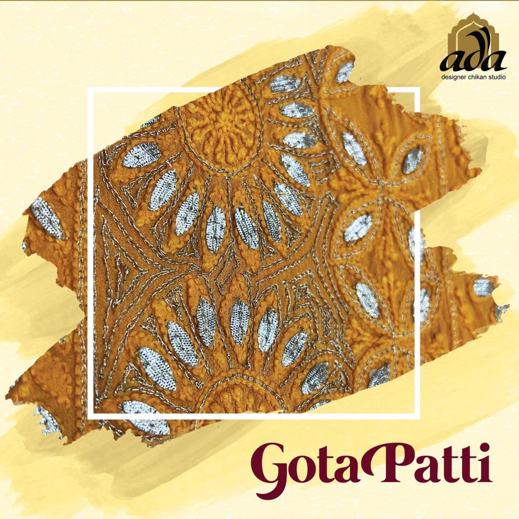 Gota Patti is essentially Lucknow-made gold and silver lace. The weft yarn in this metallic lace is covered in metal, and the warp yarn is made up of ribbons of cotton and polyester fiber.