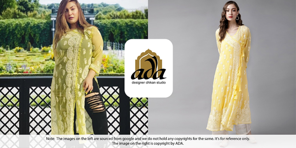 Yellow and White Chikankari Angarkha in faux georgette by ADA Hazratganj Lucknow