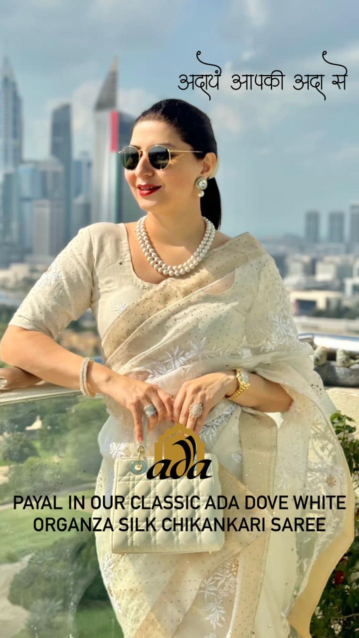 Payal Gupta, a popular Saree Influencer and Stylist from Dubai dressed in ADA's Ivory Organza Silk Chikankari Saree with Mukaish work