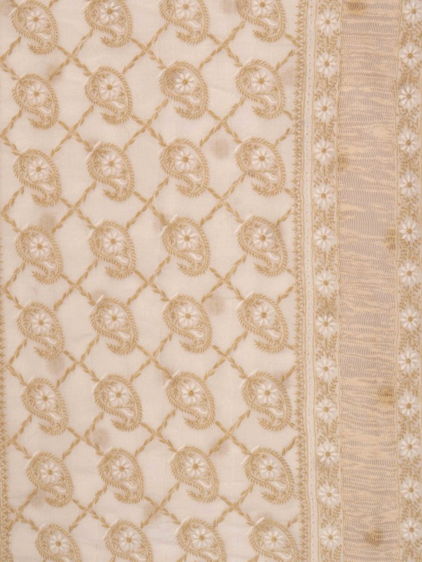 Ada Hand Embroidered Cream Chanderi Lucknowi Chikankari Saree With Blouse A606182
