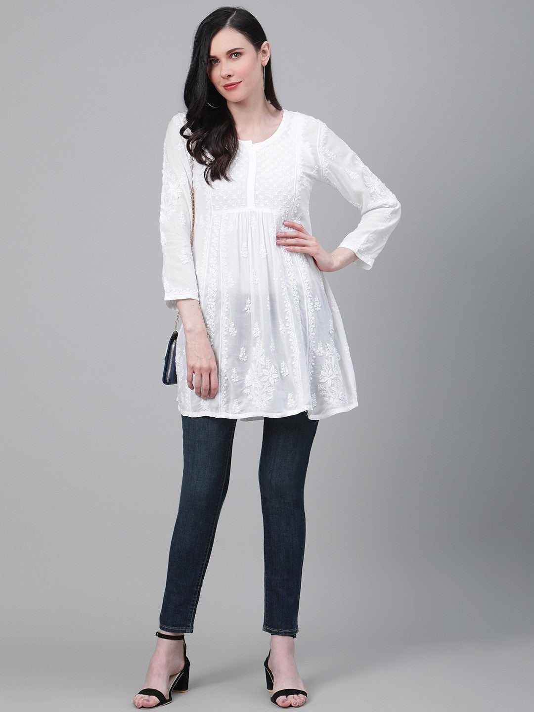 Ada Hand Embroidered White Cotton Lucknowi Chikankari Kurti A911113
