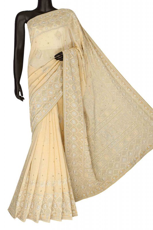 Ada Hand Embroidered Dark Butter Cream Pure Georgette Lucknowi Chikankari Saree With Blouse- A18819