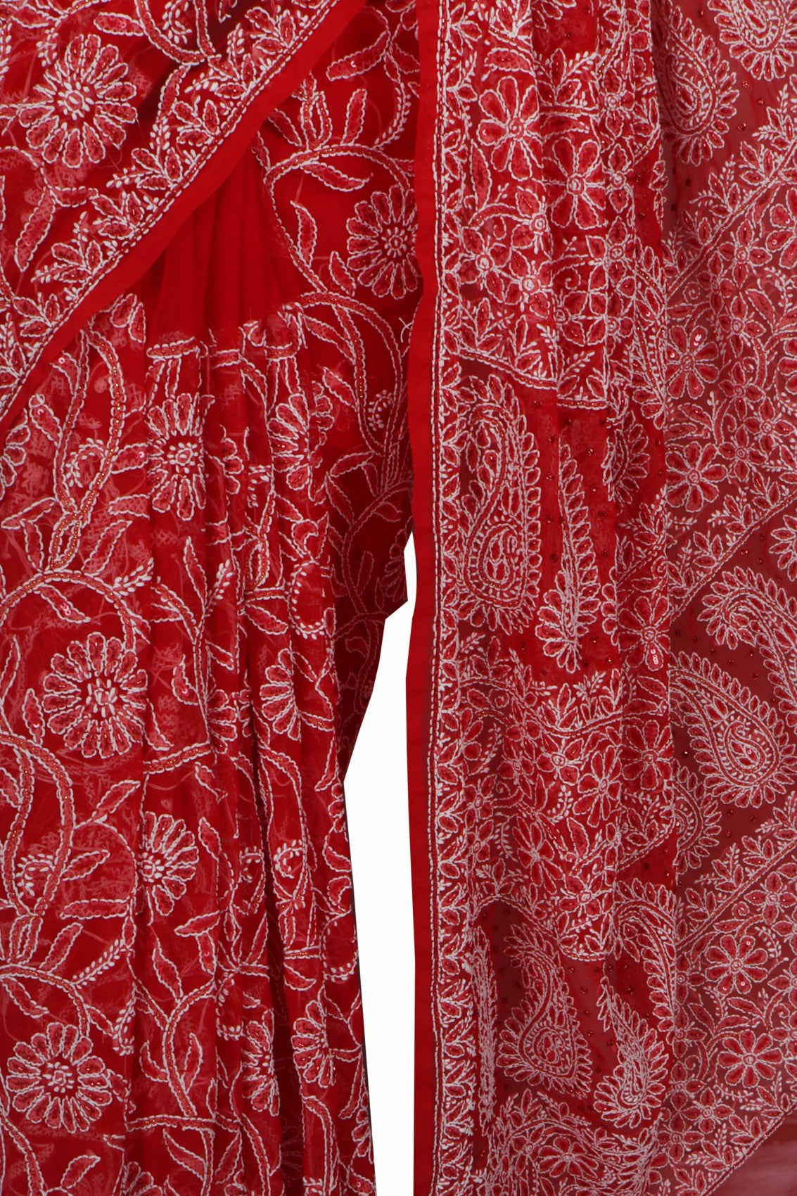 Ada Hand Embroidered Red Georgette Lucknowi Chikankari Saree/Blouse With Cutdana Work 01A204577