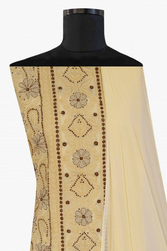 Ada Hand Embroidered Fawn Cotton Chikan Unstitched Suit Piece A585347