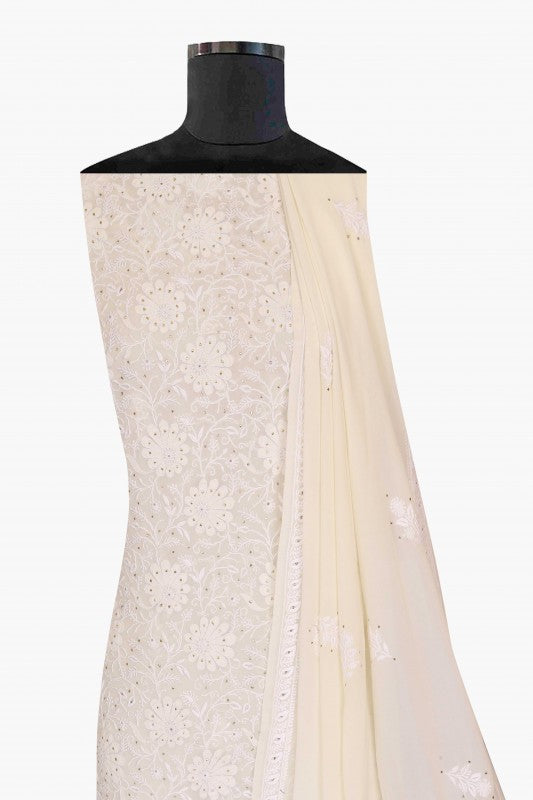Ada Hand Embroidered White Pure Georgette Lucknowi Chikan Unstitched Kurta Dupatta Set With Muqaish Work-A610887