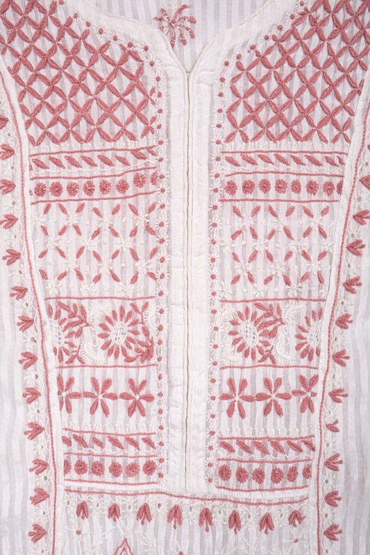Ada Hand Embroidered White Chanderi Lucknowi Chikankari Unstitched Anarkali Kurta Dupatta Set 01A138196
