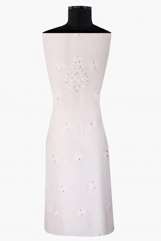 Ada Hand Embroidered White Georgette Chikan Unstitched Kurta Piece- A619732