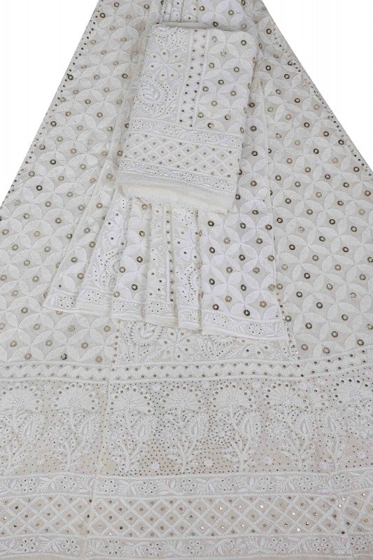 Ada Hand Embroidered Off White Pure Georgette Lucknowi Chikankari Lehenga Set With Muqaish Work– A578277