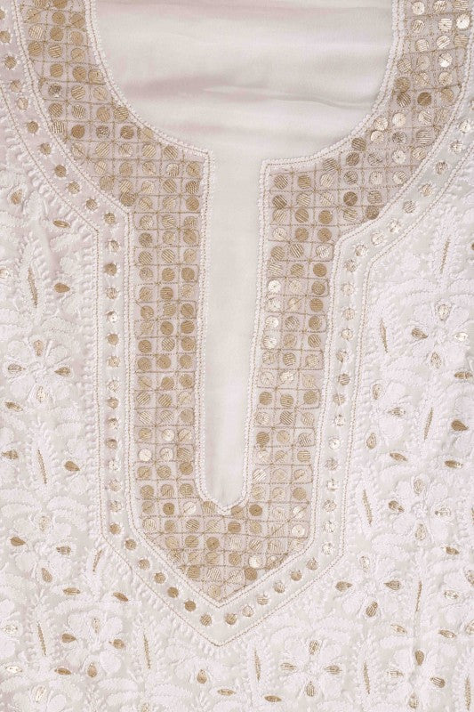 Ada Hand Embroidered White Georgette Lucknowi Chikan Unstitched Kurta Piece with Gota Patti Work A611972
