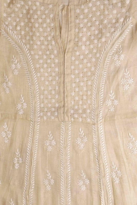 Ada Hand Embroidered Natural Fawn Tissue Lucknowi Chikankari Semi-Stitched Kurta Piece With Muqaish Work A597262