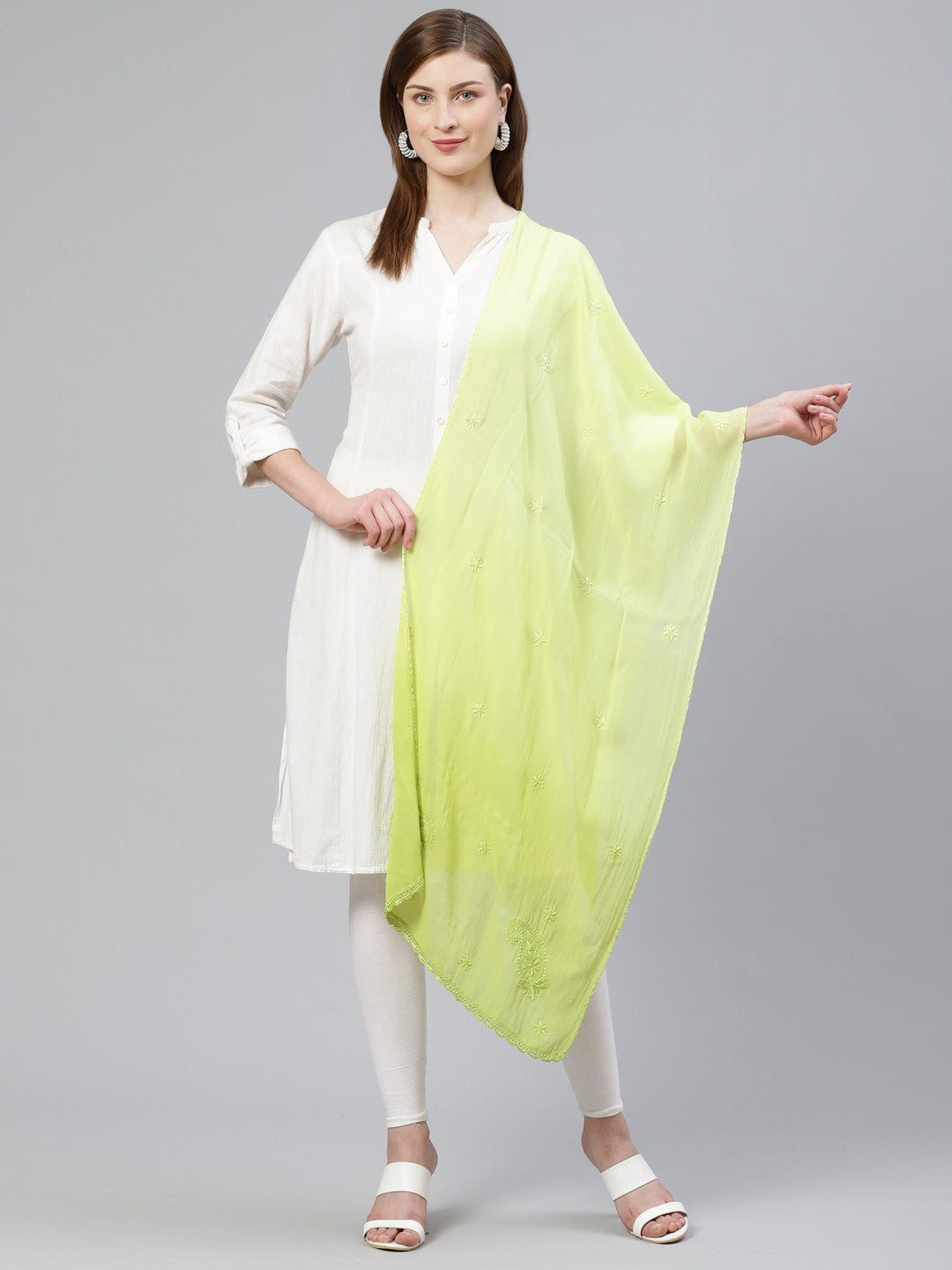 Ada Hand Embroidered Green Georgette Lucknowi Chikankari Dupatta A100452