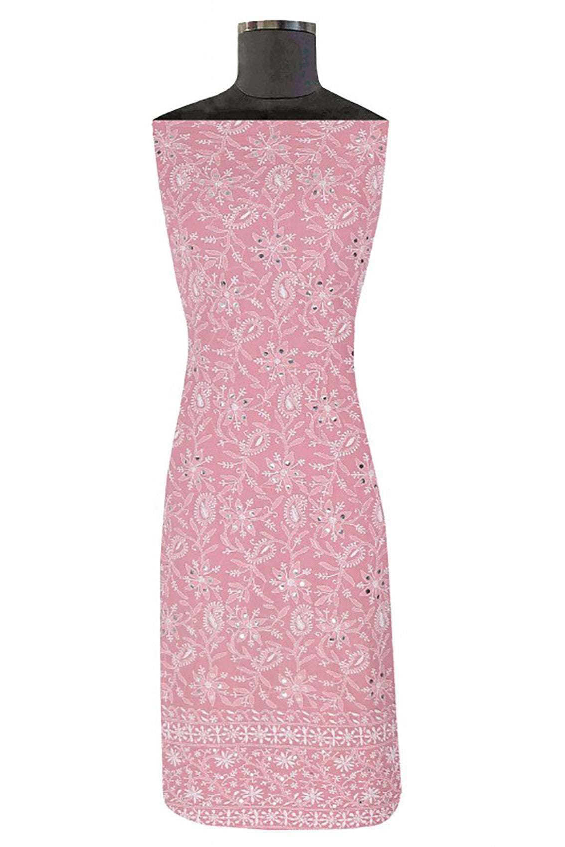 Ada Hand Embroidered Onion Pink Pure Georgette Lucknowi Chikankari Unstitched Kurta Dupatta With Mirror Work A93069