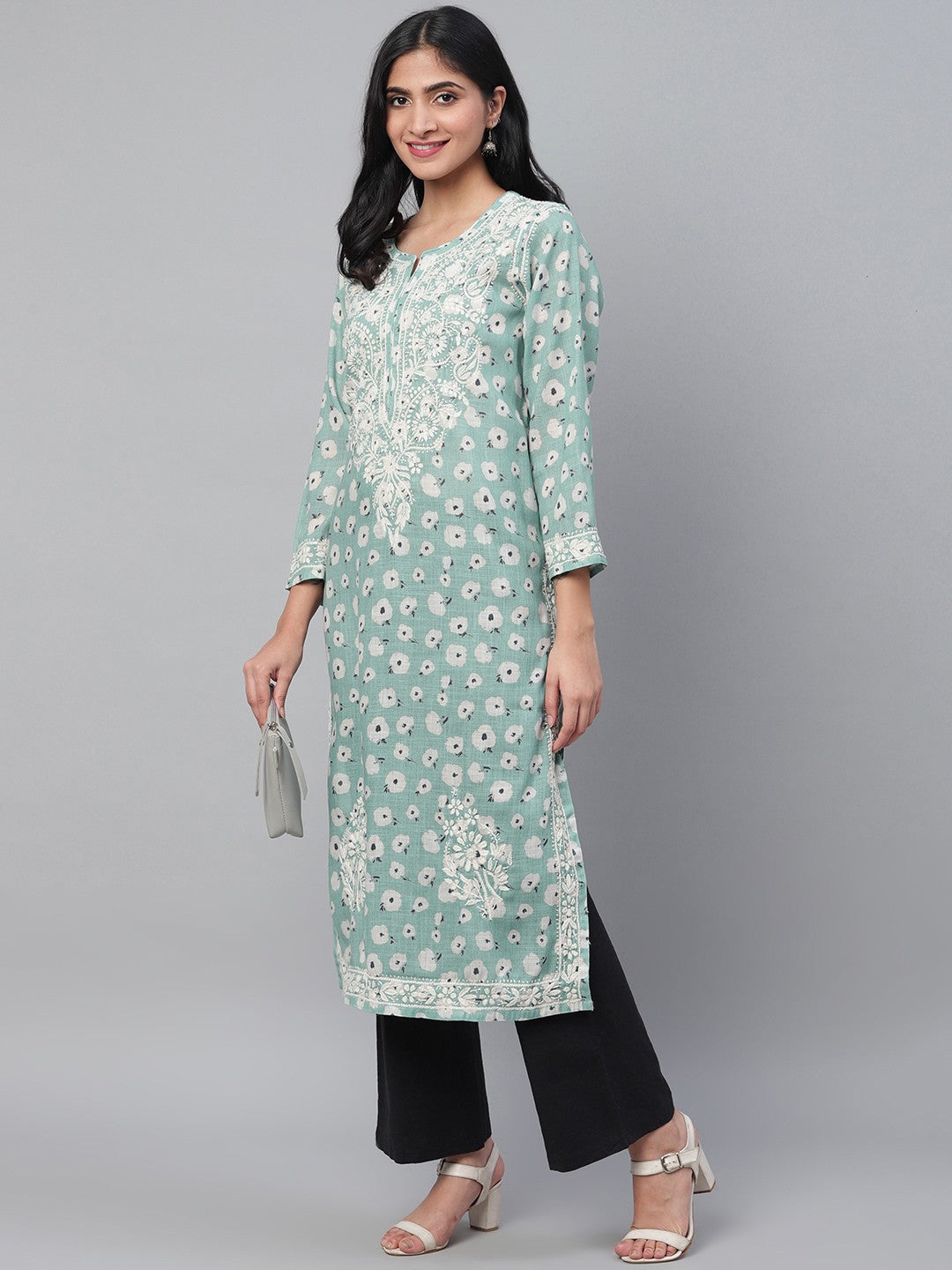 Ada Hand Embroidered Blue Cotton Lucknow Chikan Straight Kurta A100434