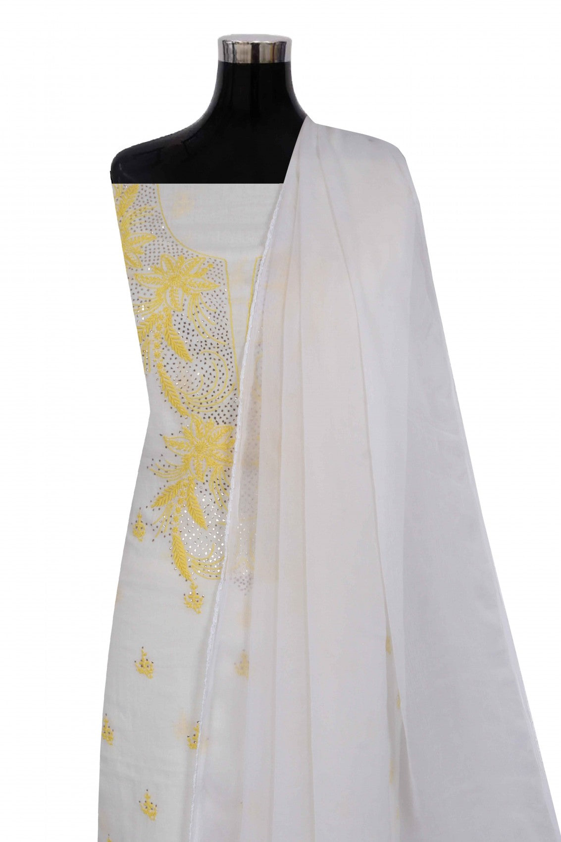 Ada Hand Embroidered White Cotton Lucknowi Chikankari Unstitched Suit Piece With Muqaish Work A588554