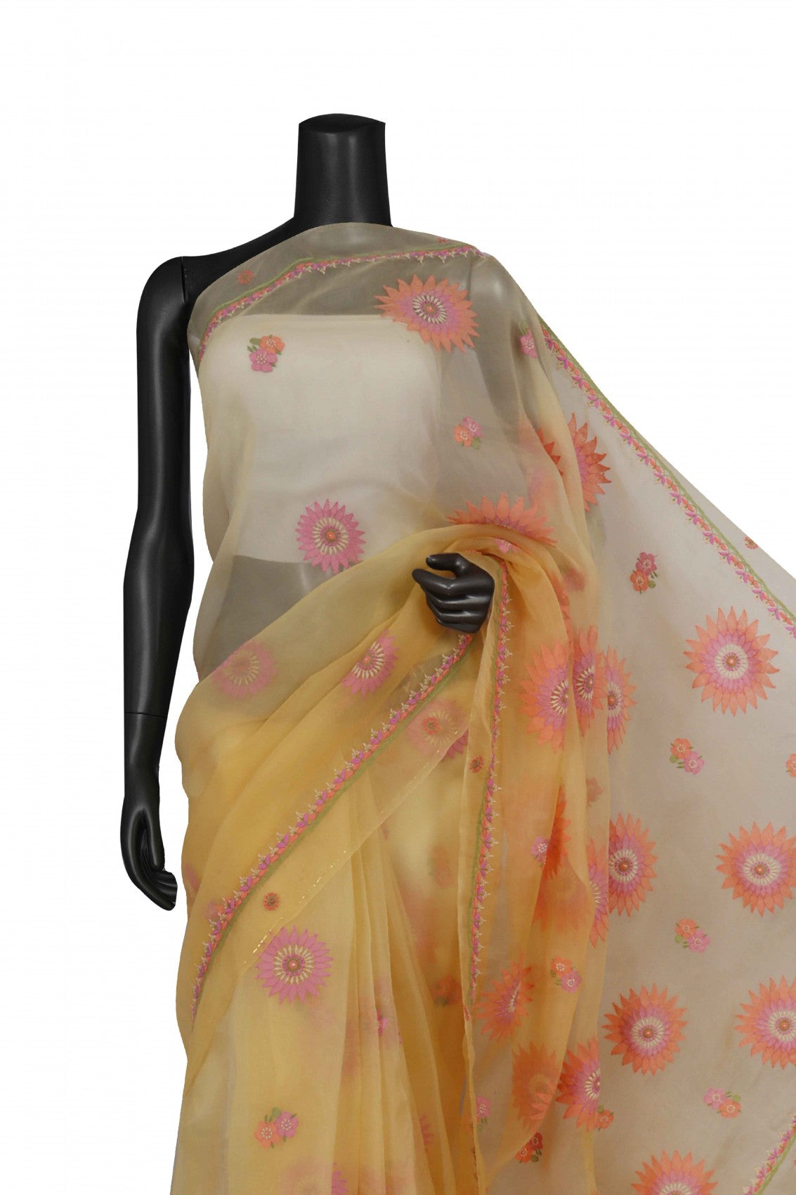 Ada Hand Embroidered Yellow Organza Lucknowi Chikankari Saree With Blouse 01A206137