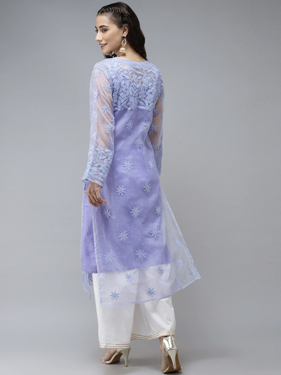 Ada Hand Embroidered Mauve Organza Lucknowi Chikankari Kurta With Slip- A411240