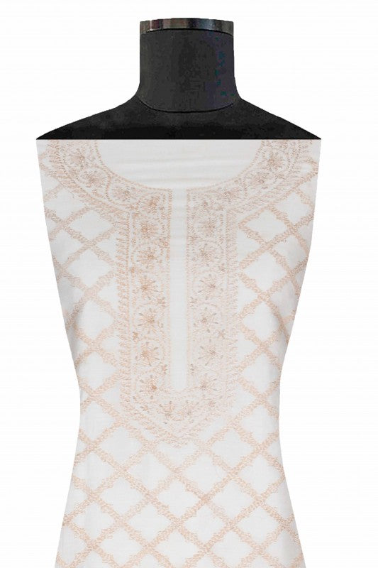 Ada Hand Embroidered Cream Chanderi Lucknowi Chikan Unstitched Kurta Piece- A422546