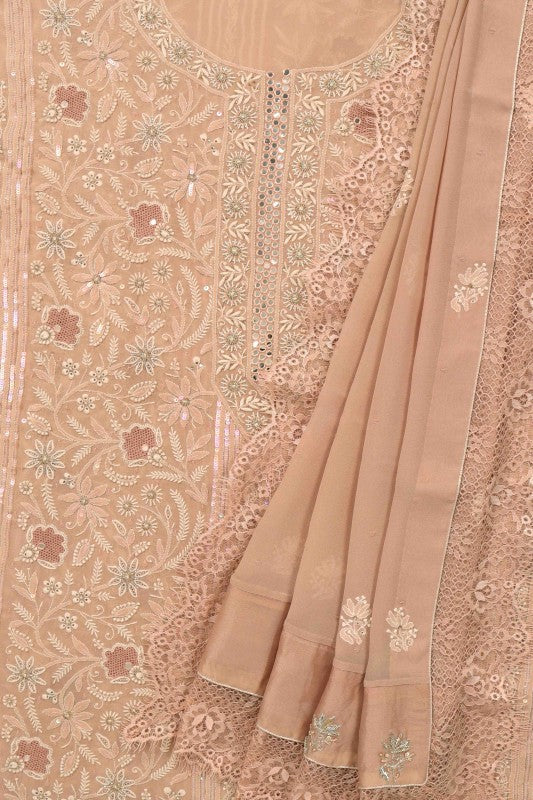 Ada Hand Embroidered Fawn Pure Georgette Lucknowi Chikan Unstitched Kurta Dupatta set A600736
