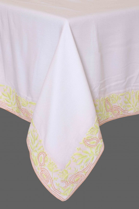 Ada Hand Embroidered White Cotton Lucknowi Chikankari Table Cover-A220549