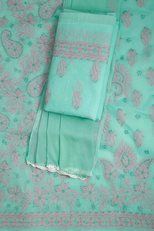 Ada Hand Embroidered Sea Green Cotton Lucknowi Chikan Unstitched Suit Piece-A211123