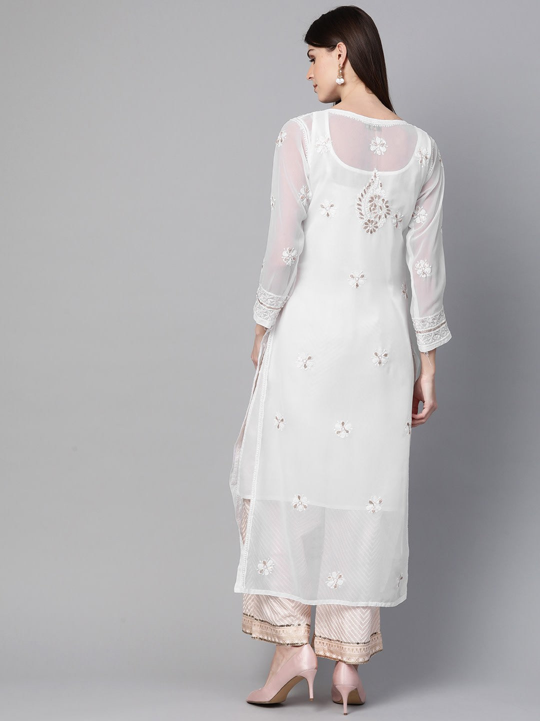Ada Hand Embroidered White Georgette Lucknow Chikankari Straight Kurta/Slip with Muqaish Work – A100413