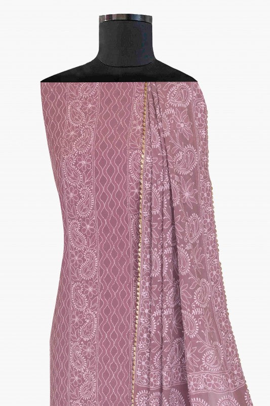 Ada Hand Embroidered Mauve Georgette Lucknowi Chikan Unstitched Kurta Dupatta Set A567447