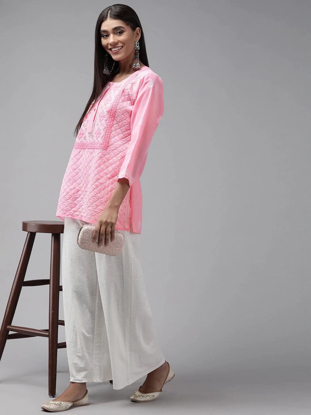 Ada Hand Embroidered Dark Pink Cotton Lucknowi Chikankari Straight Kurti A911242