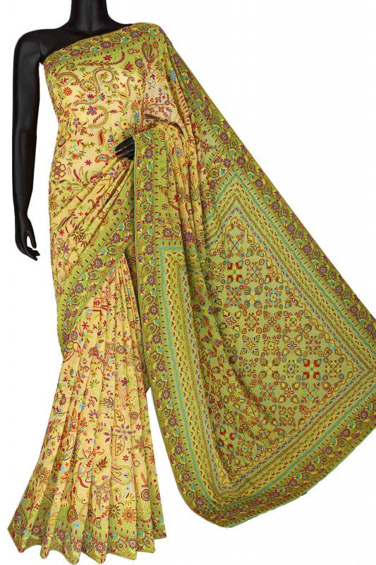 Ada Hand Embroidered Yellow And Green Shaded Pure Georgette Lucknowi Chikankari Saree With Blouse- A149764