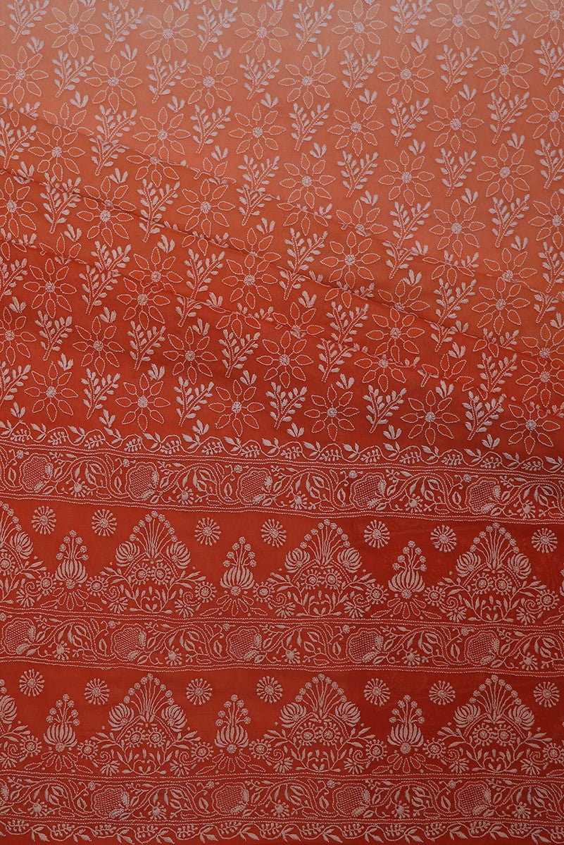Ada Hand Embroidered Peach/Orange Shaded Pure Georgette Lucknowi Chikan Unstitched Suit Piece A37009
