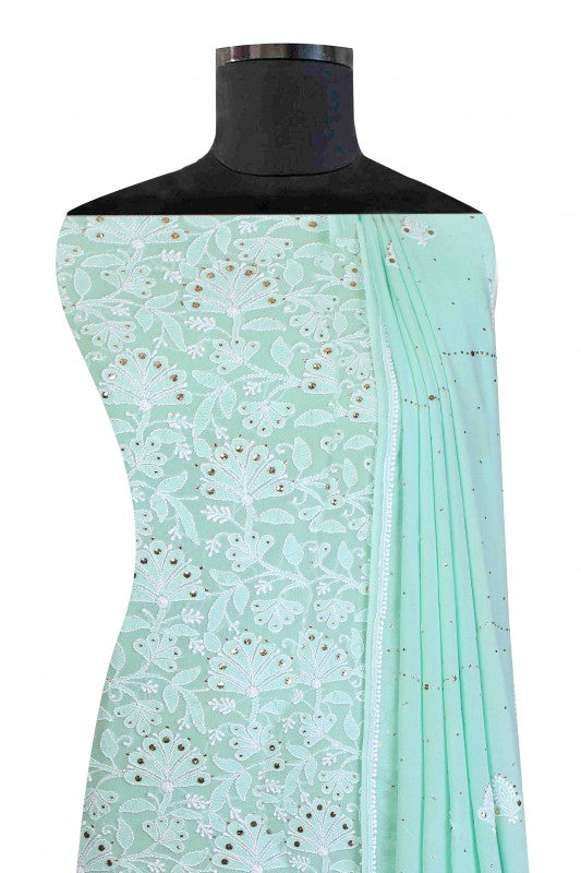Ada Hand Embroidered Sea Green Pure Georgette Lucknowi Chikan Unstitched Kurta Dupatta With Muqaish Work–A594269