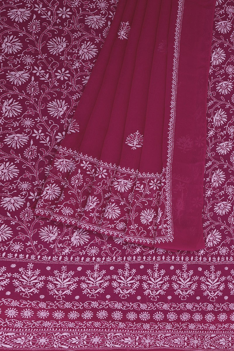 Ada Hand Embroidered Magenta Pure Georgette Lucknowi Chikan Unstitched Kurta Dupatta Set- A583323