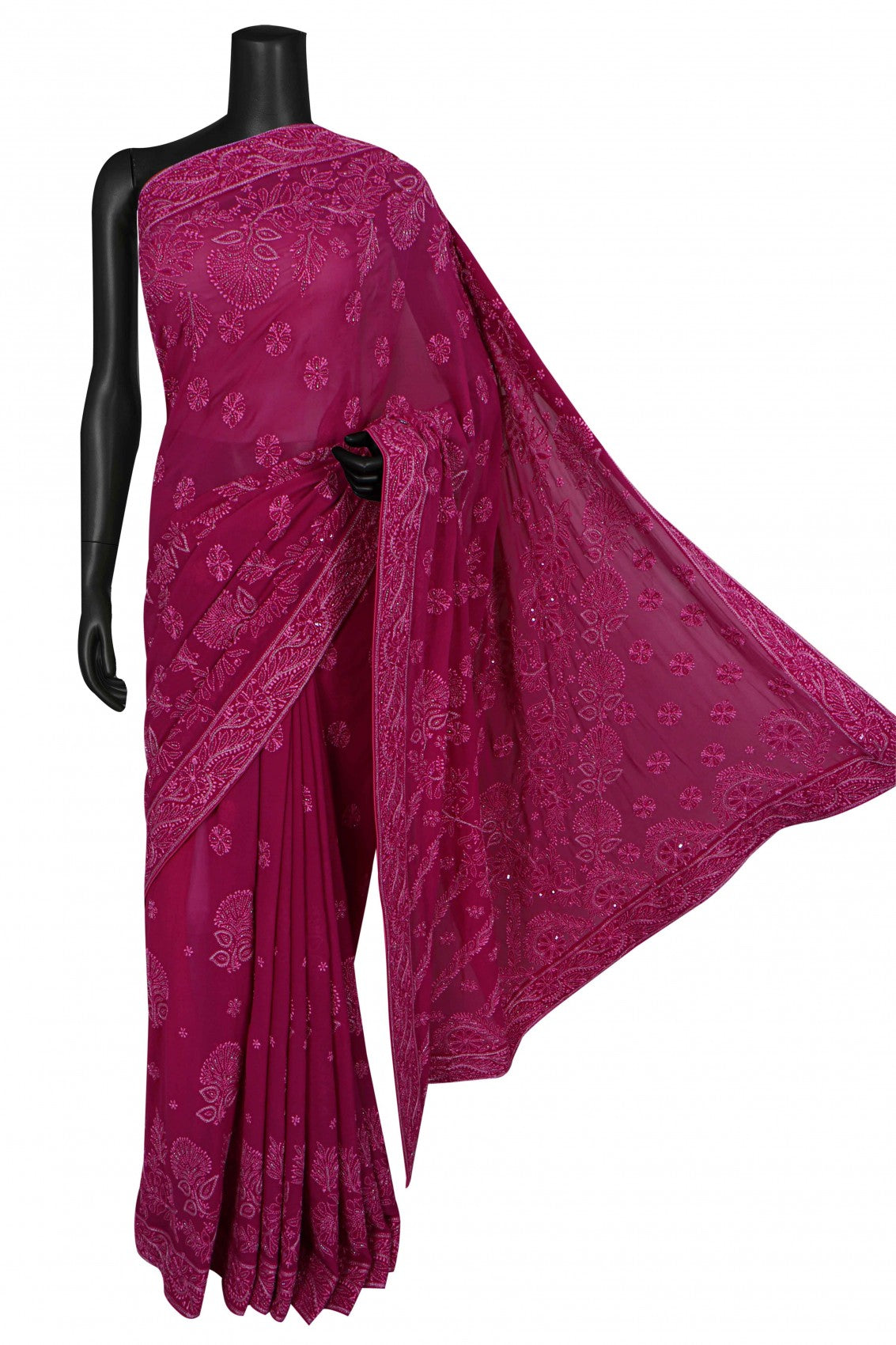 Ada Hand Embroidered Magenta Pure Georgette Lucknowi Chikankari Saree/Blouse Cutdana Work 01A246622