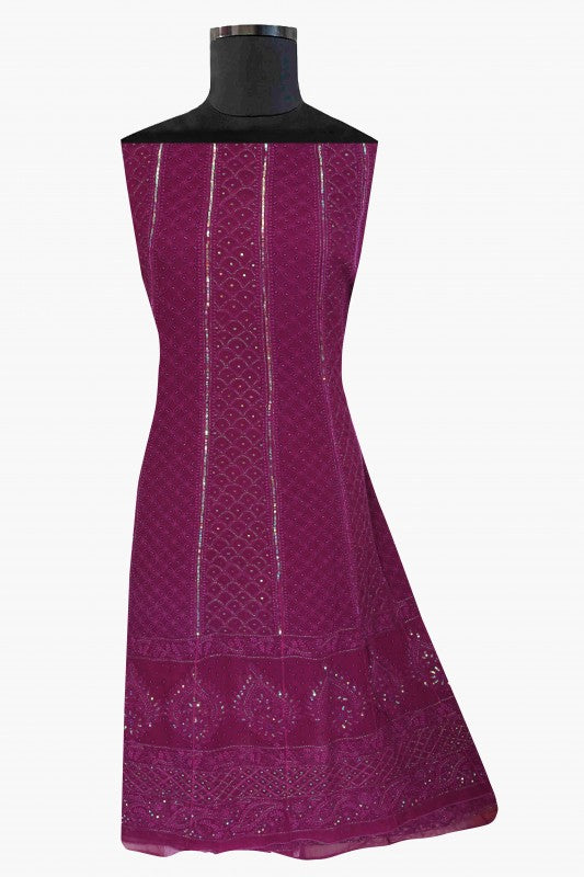 Ada Hand Embroidered Plum Purple Georgette Chikan Semi-stitched Anarkali Kurta Dupatta with Pearl/Sequinned Work A594305