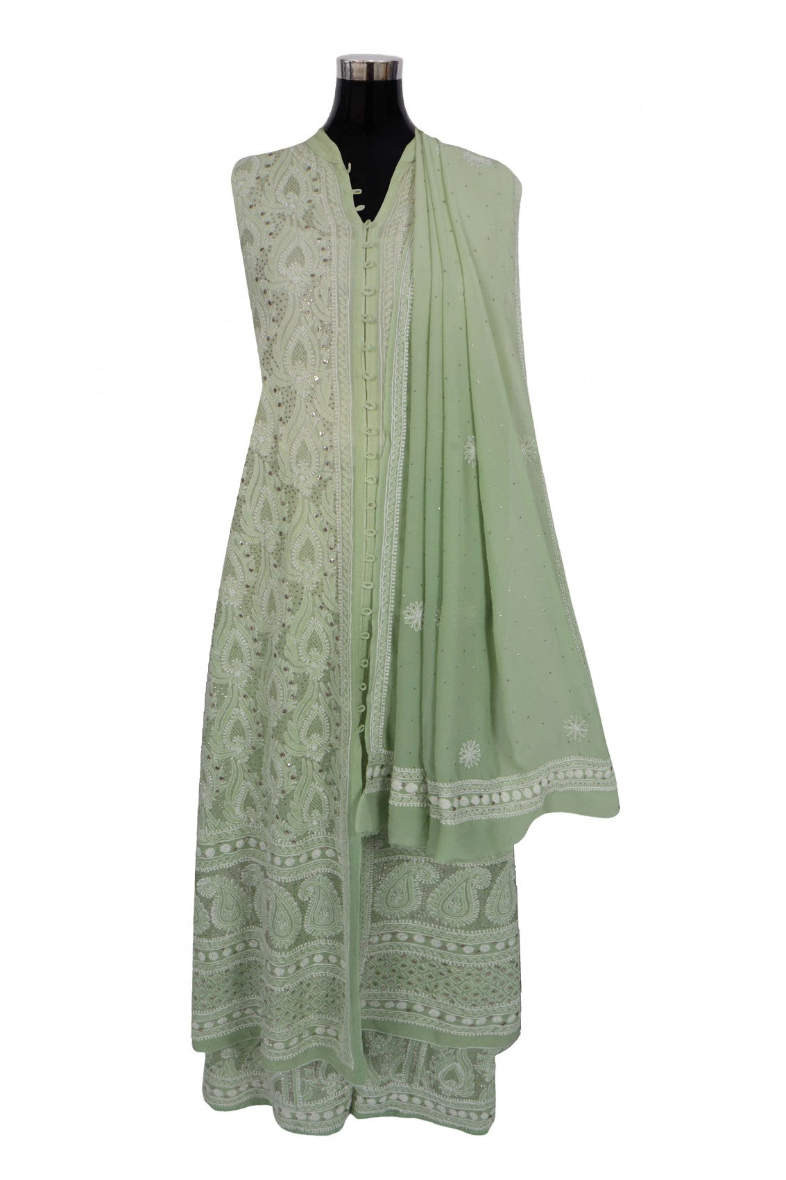 Ada Hand Embroidered Tea Green Pure Georgette Lucknowi Chikankari Semi-Stitched Suit Set With Muqaish Work A77998