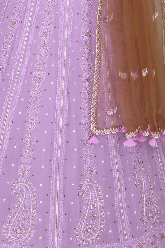 Ada Hand Embroidered Mauve Pure Georgette Lucknowi Chikankari Lehenga Set With Pearl Work A526545