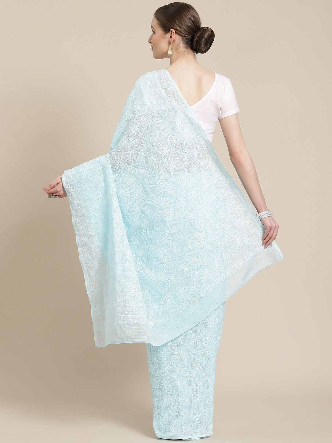 Ada Hand Embroidered Blue Kota Lucknow Chikan Saree With Blouse- A311232