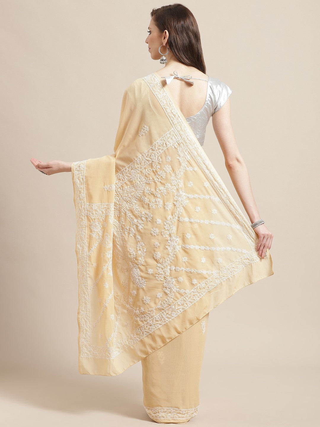 Ada Hand Embroidered Fawn Georgette Lucknow Chikan Saree with Blouse A191793