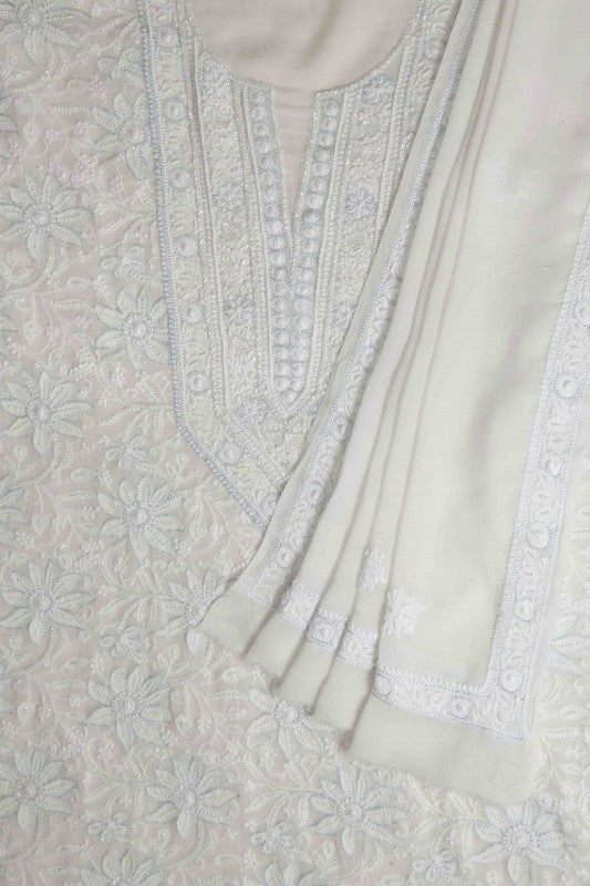 Ada Hand Embroidered White Pure Georgette Lucknowi Chikan Unstitched Kurta Dupatta Set With Pearl & Sequinned Work-A617654